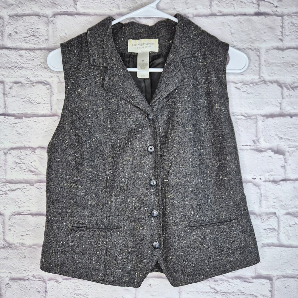 VTG Liz Claiborne Gray Tweed Wool Blend Vest Dark Academia Tailored Waistcoat M